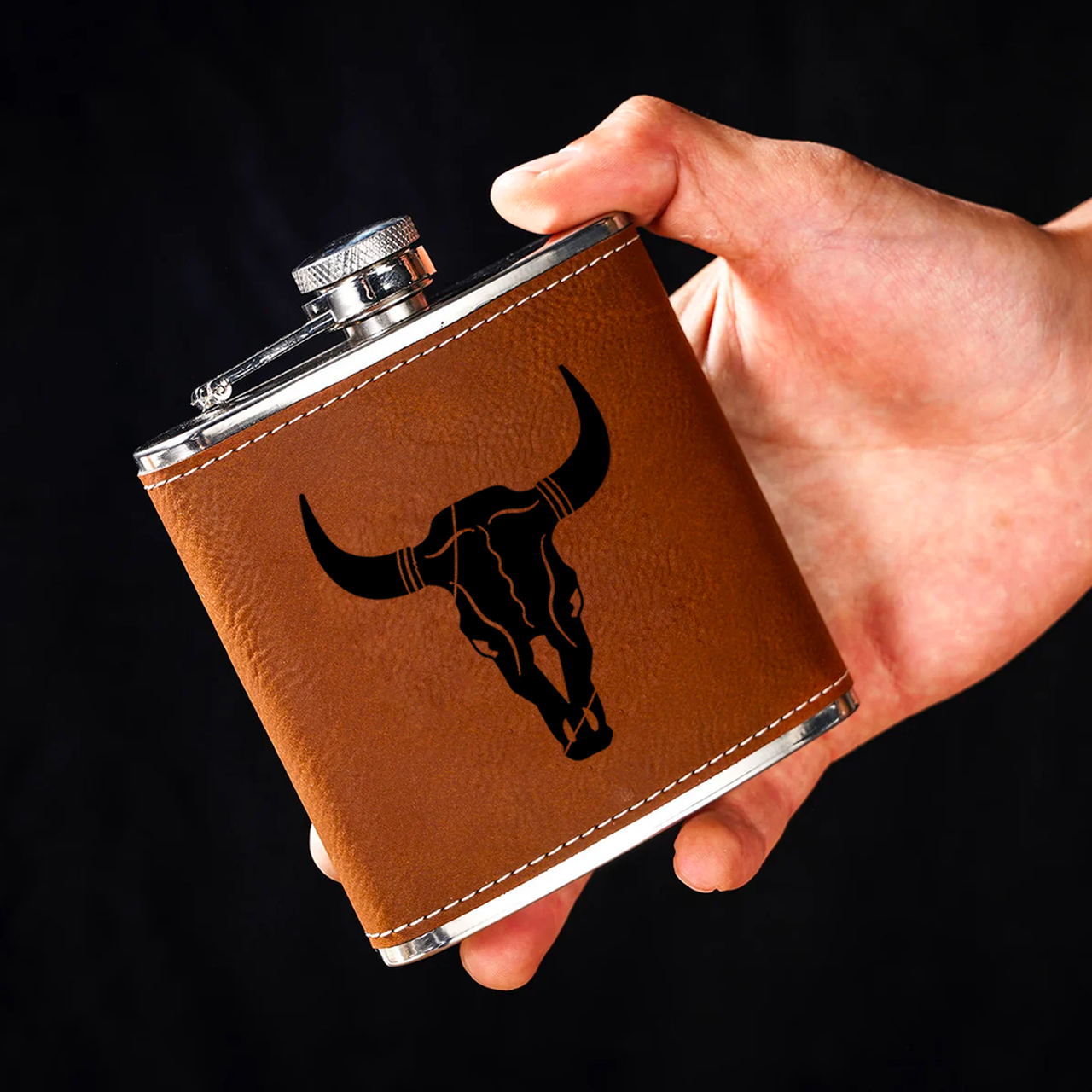 Personalized Name Engraved Leather Cow Skull Flask