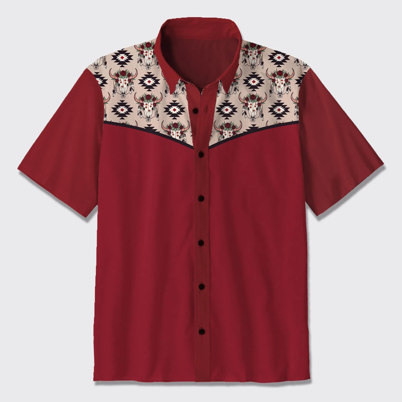 Aztec Bull Skull Pattern Button Up Shirts