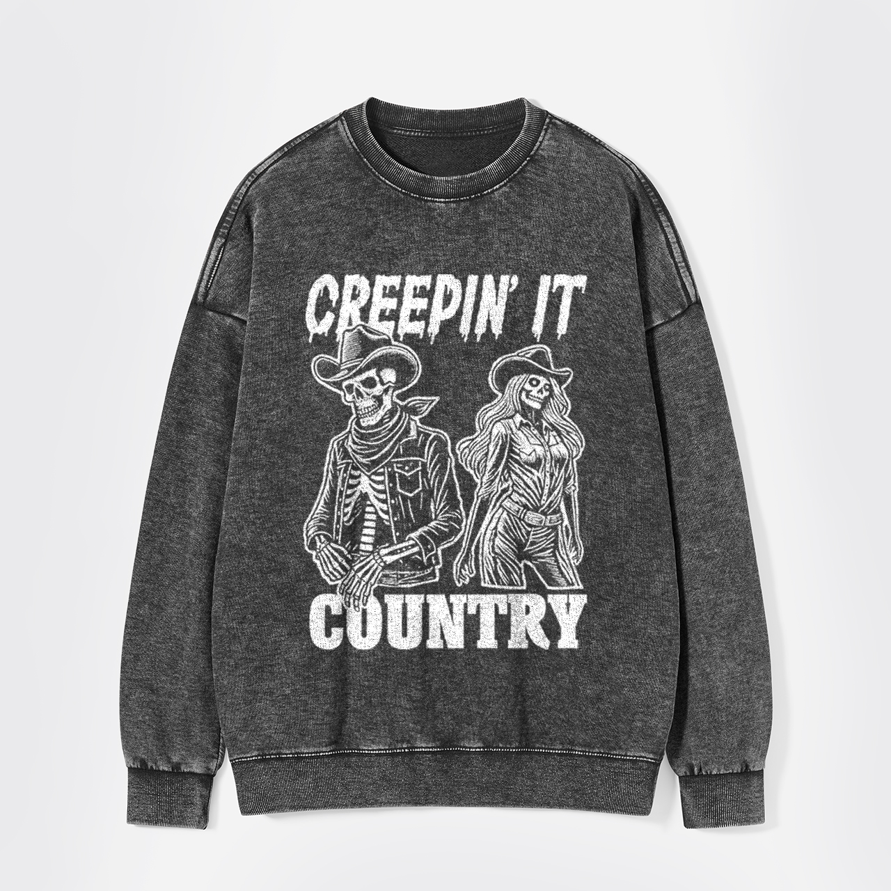 Creepin' It Cowboy Skeleton Cowgirl Ghost Washed Sweatshirts