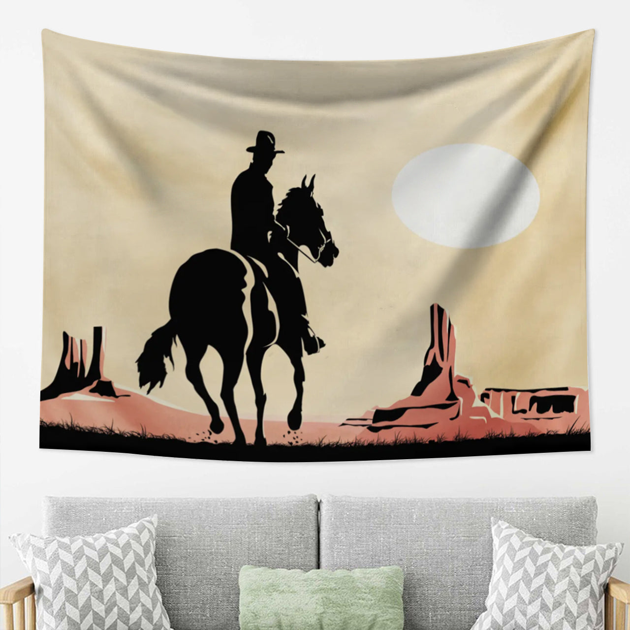 Wide Cowboy Horse Sunset Tapestry