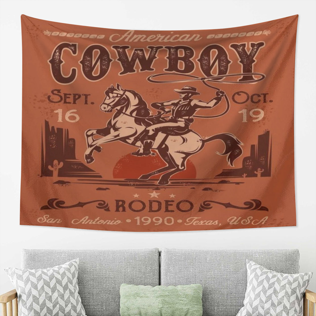 Funny Riding Horse Desert Cactus Cowboy Tapestry