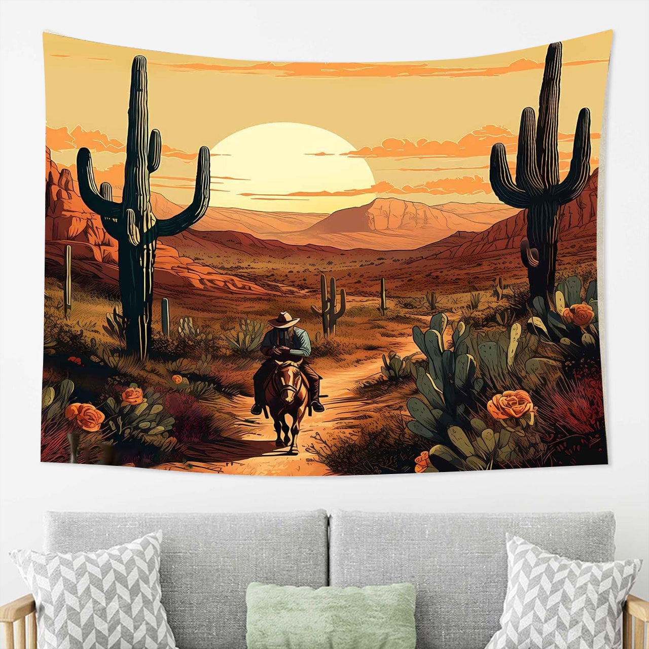 Cowboy Ride a House Tapestry Cactus Desert Mountain