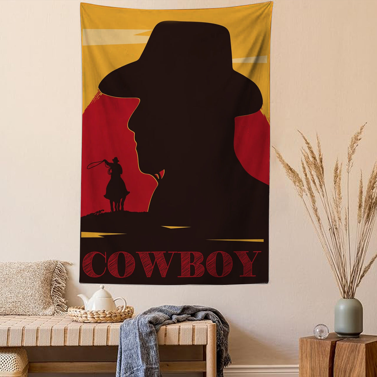 Cowboy Riding Horse in Wild West Tapestry