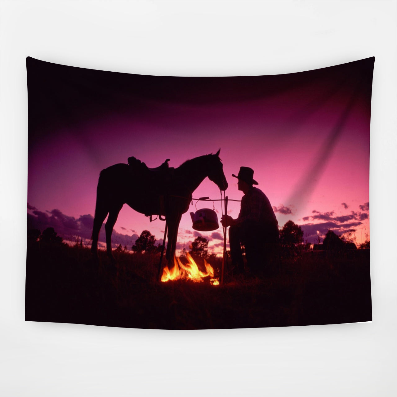 Romantic Cowboy Under the Purple Starry Sky Tapestry