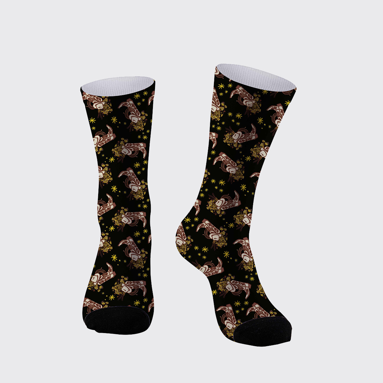 Cowboy Boots Floral Arrangement Printed Cotton Socks