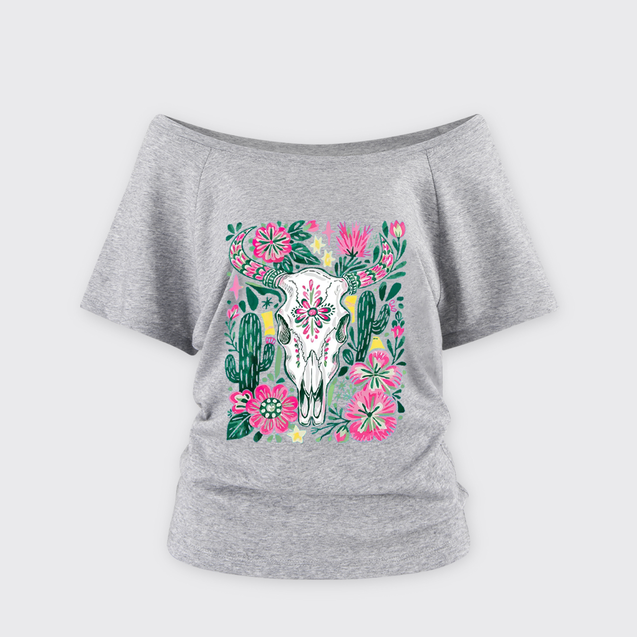Western Floral Cow Skull Off Shoulder Top