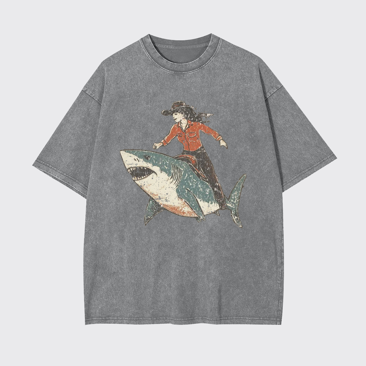 Cowgirl Riding Shark Garment-dye Tees