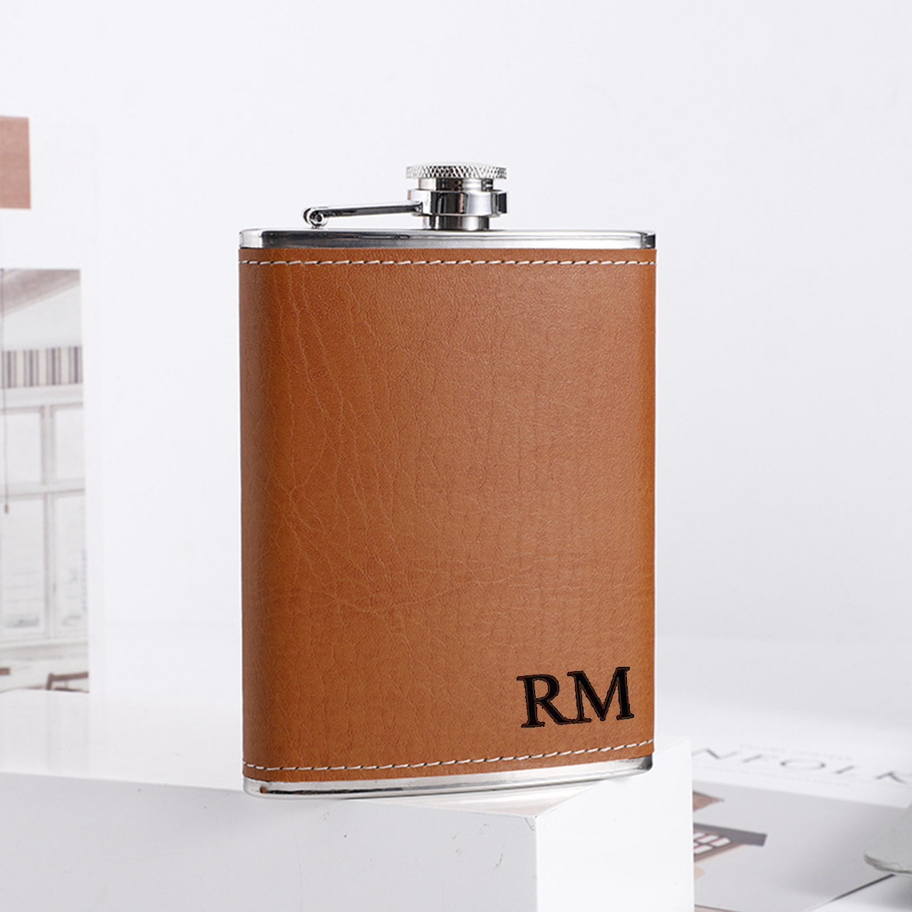 Personalized Monogrammed Laser Engraved Leather Flask