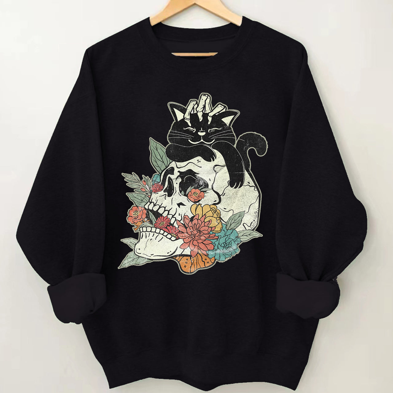 Black Cat On Flower Skull Fall Halloween Sweatshirt