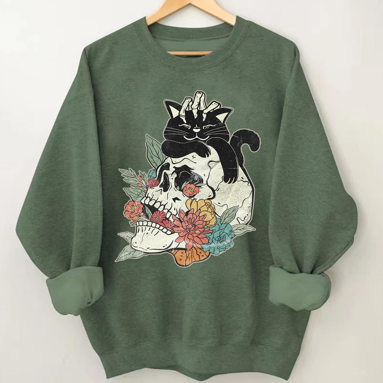 Black Cat On Flower Skull Fall Halloween Sweatshirt