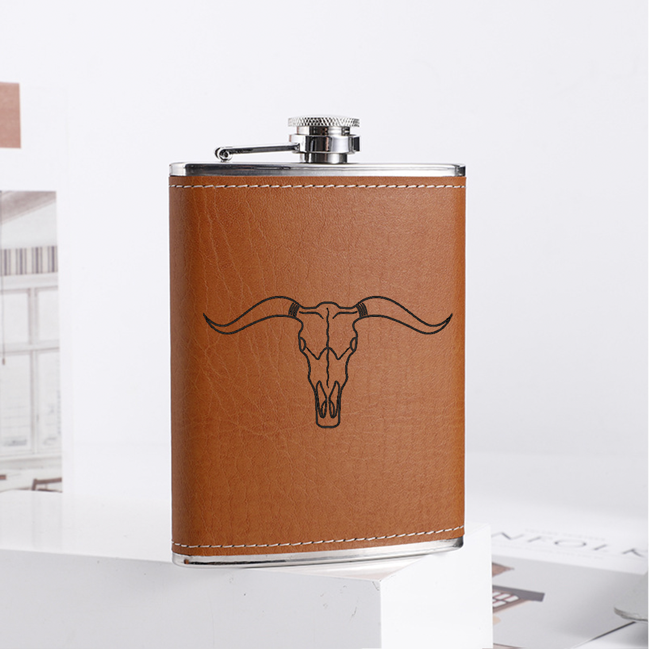 Personalized Name Engraved Leather Cow Skull Flask