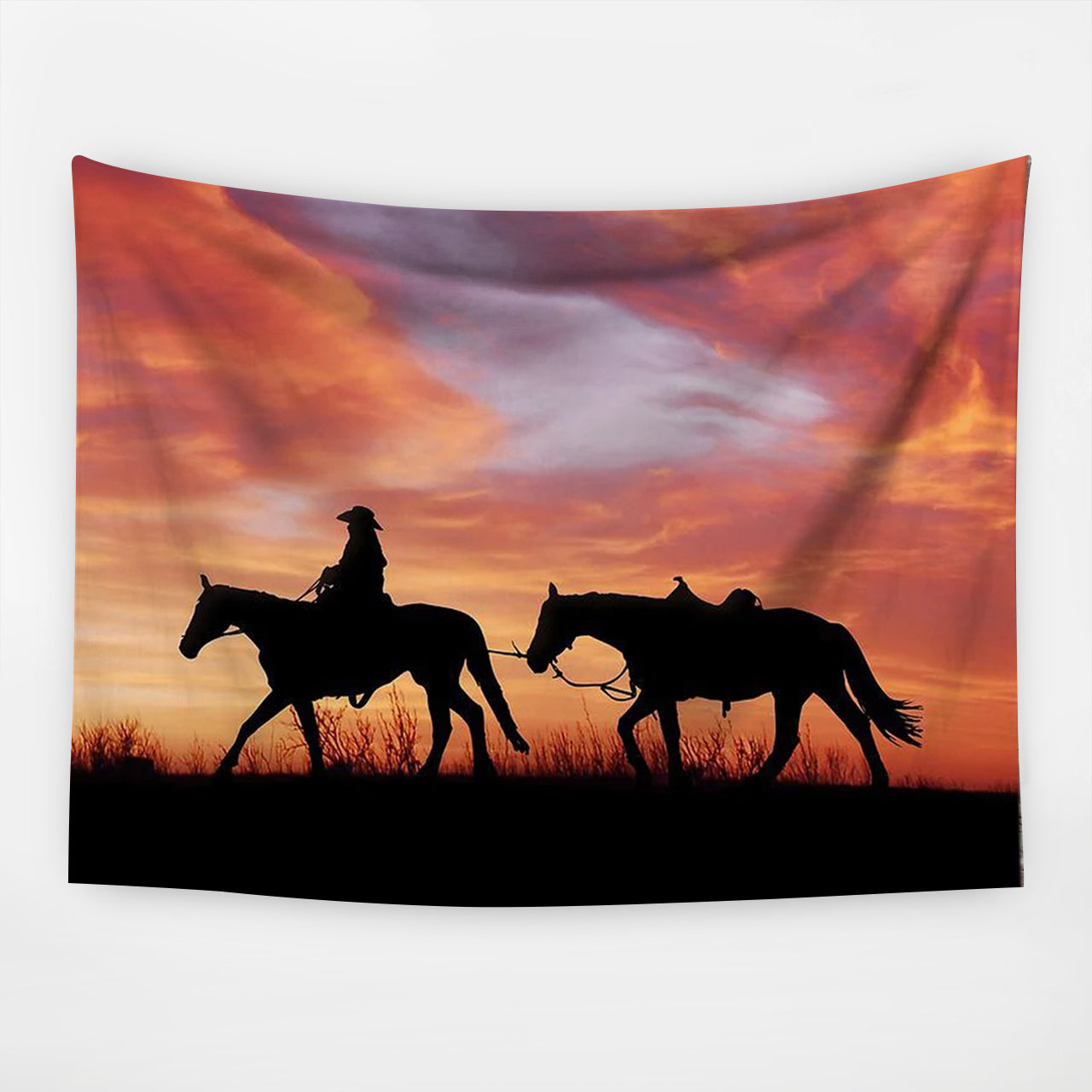 Cowboy Riding Horse tapestry for Bathroom Red Sunset Desert