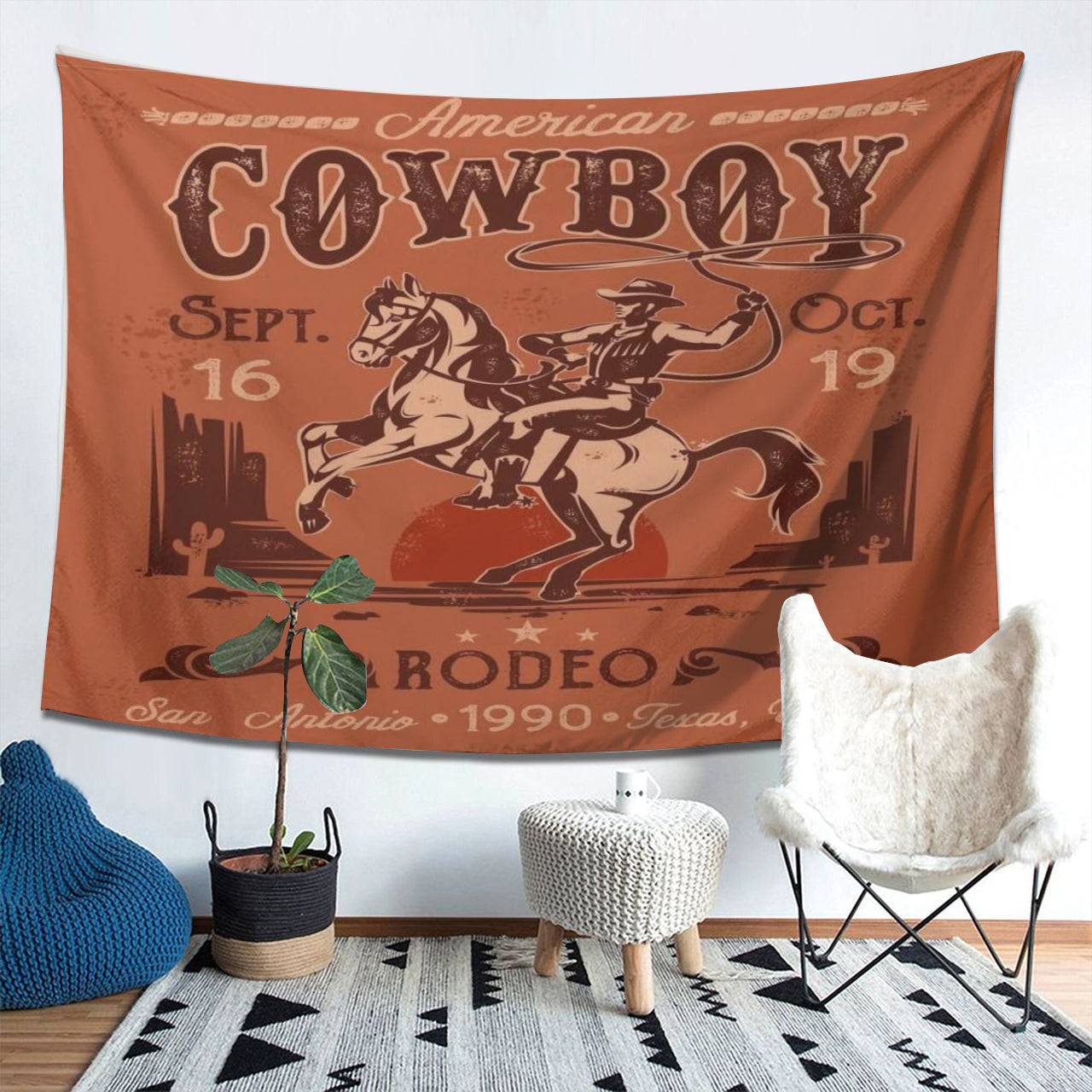 Funny Riding Horse Desert Cactus Cowboy Tapestry