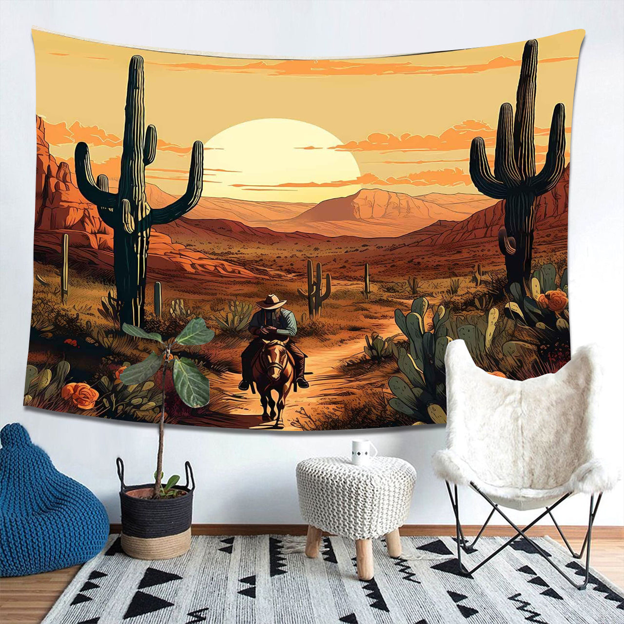 Cowboy Ride a House Tapestry Cactus Desert Mountain