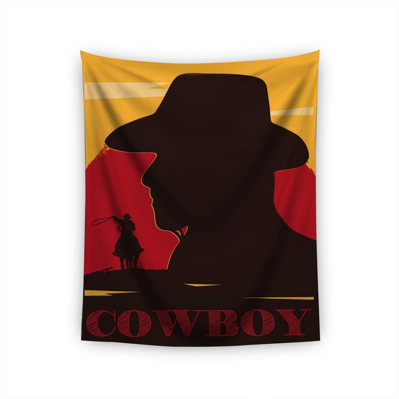 Cowboy Riding Horse in Wild West Tapestry