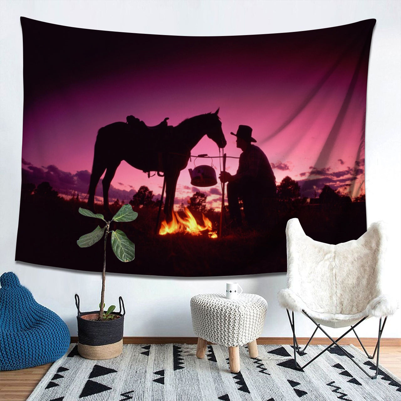 Romantic Cowboy Under the Purple Starry Sky Tapestry