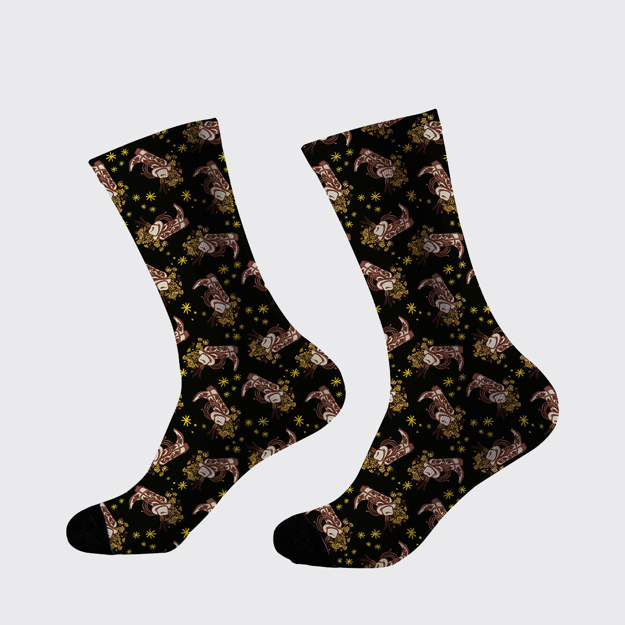 Cowboy Boots Floral Arrangement Printed Cotton Socks