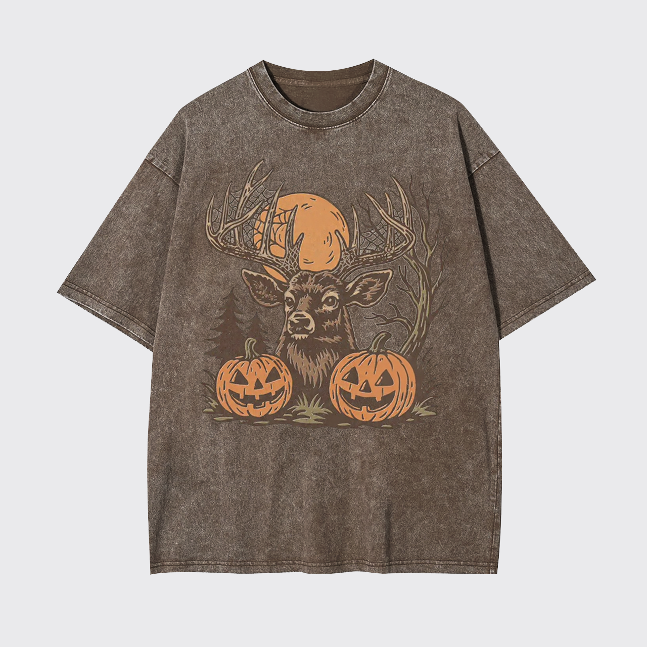 Spooky Forest Buck With Pumpkins Garment-dye Tees