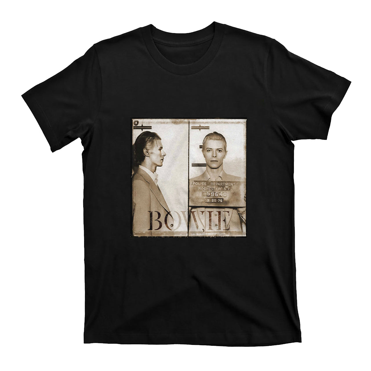 David Bowie Mugshot Rochester N.Y. 1975. Music T-Shirts