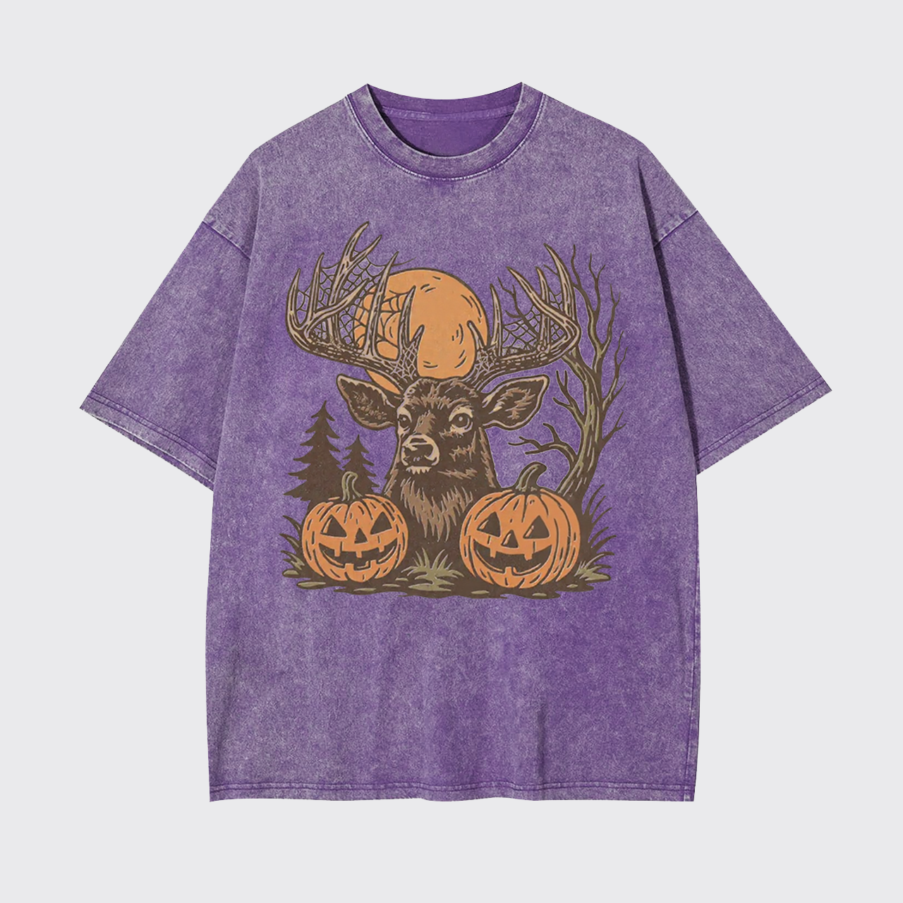 Spooky Forest Buck With Pumpkins Garment-dye Tees