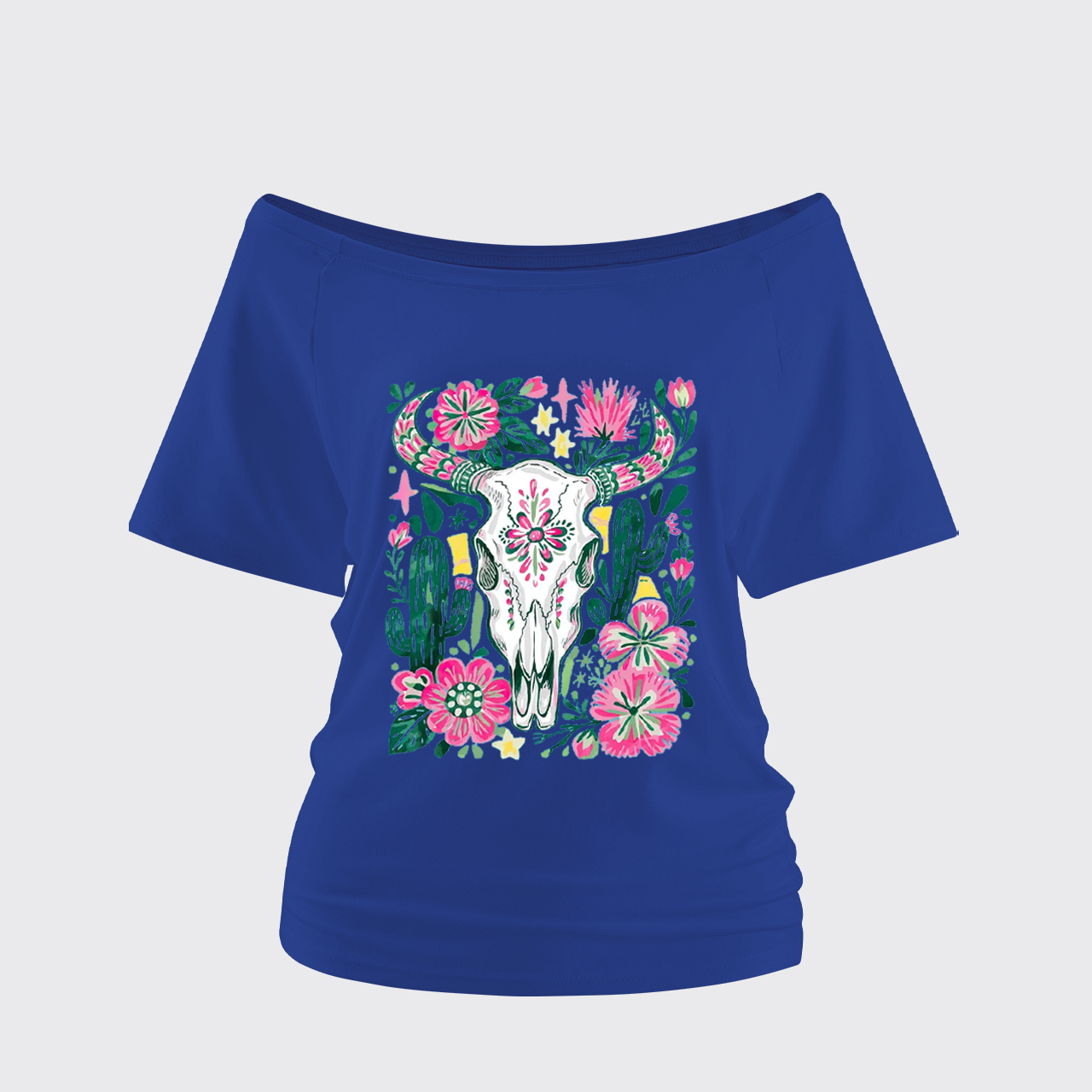 Western Floral Cow Skull Off Shoulder Top