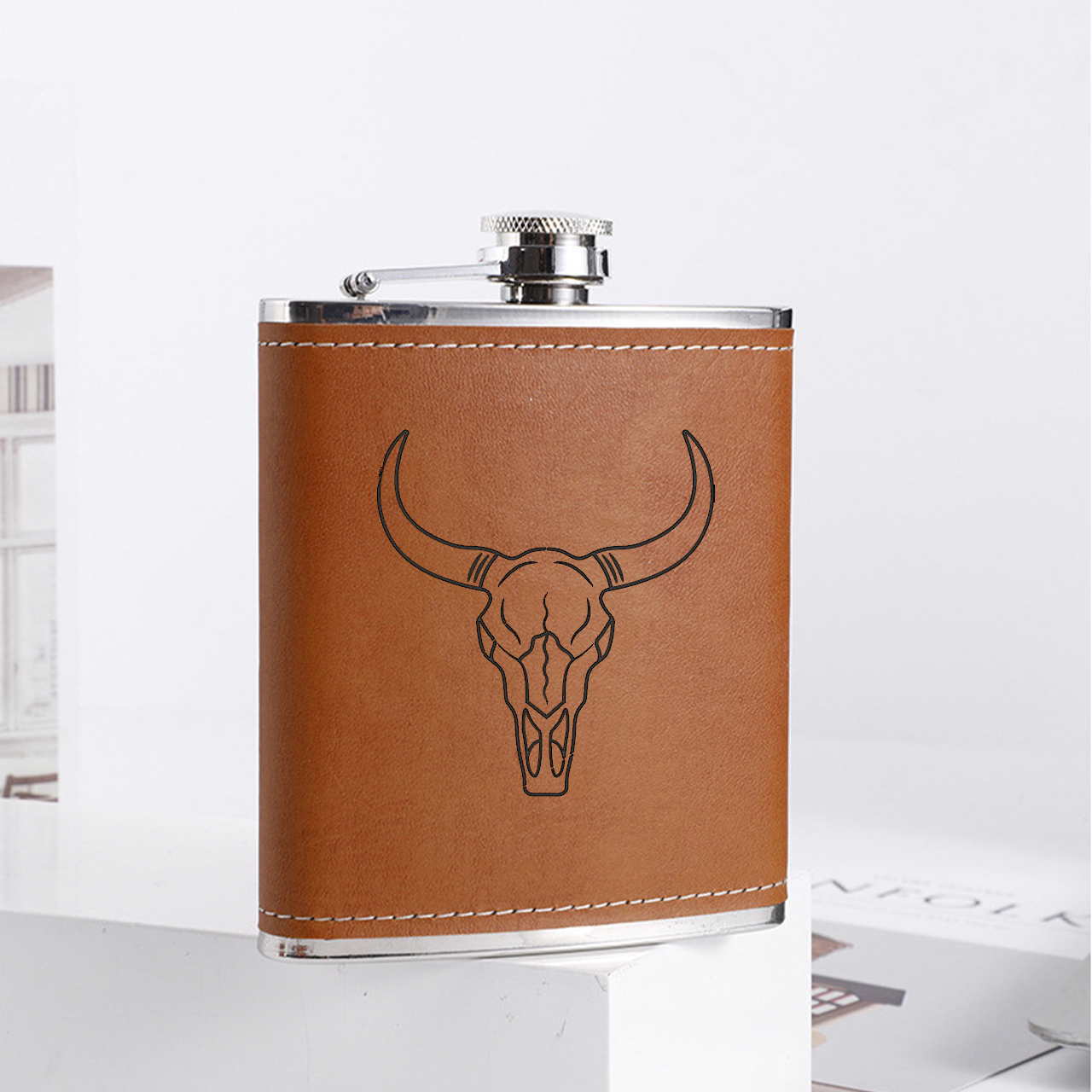 Personalized Name Engraved Leather Cow Skull Flask