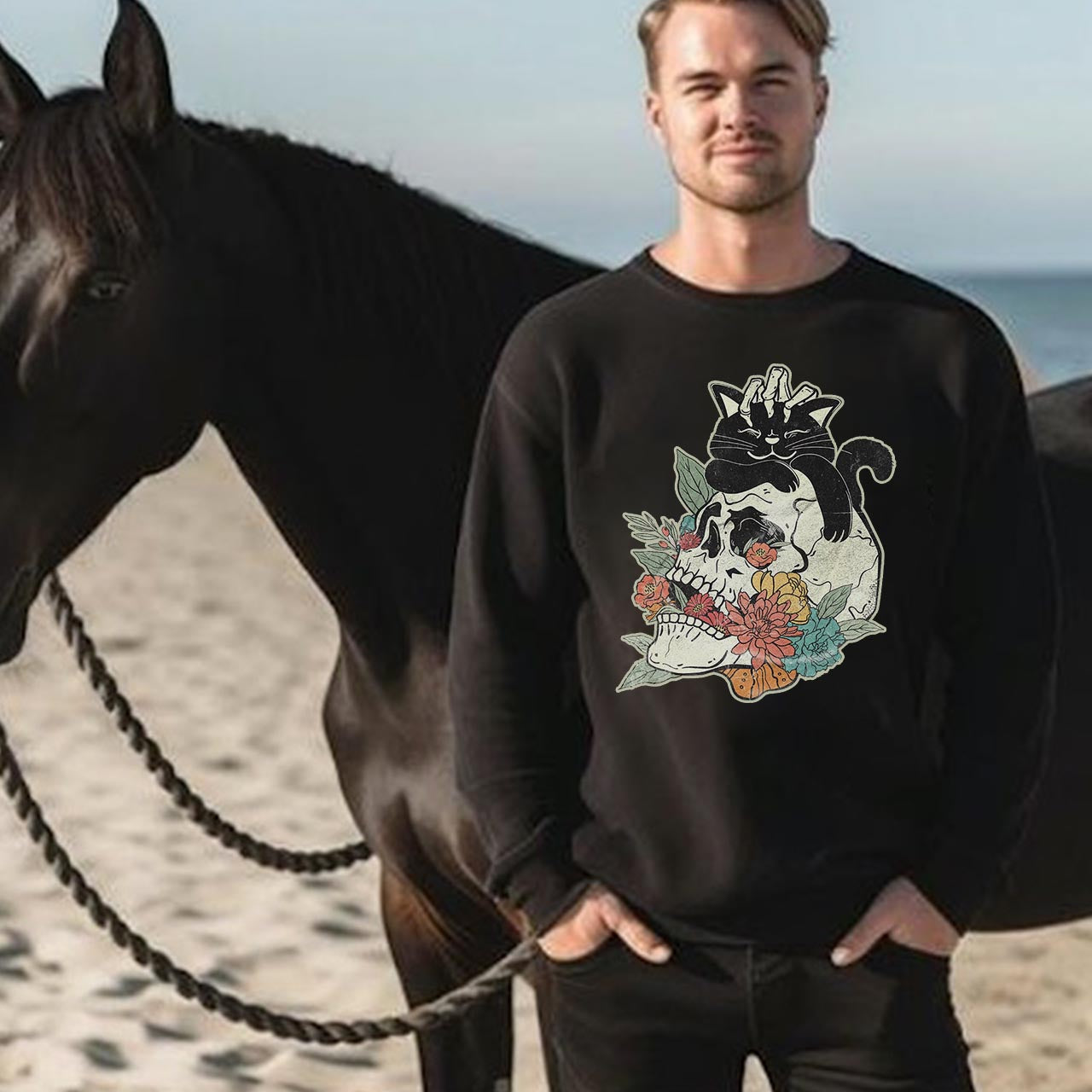 Black Cat On Flower Skull Fall Halloween Sweatshirt