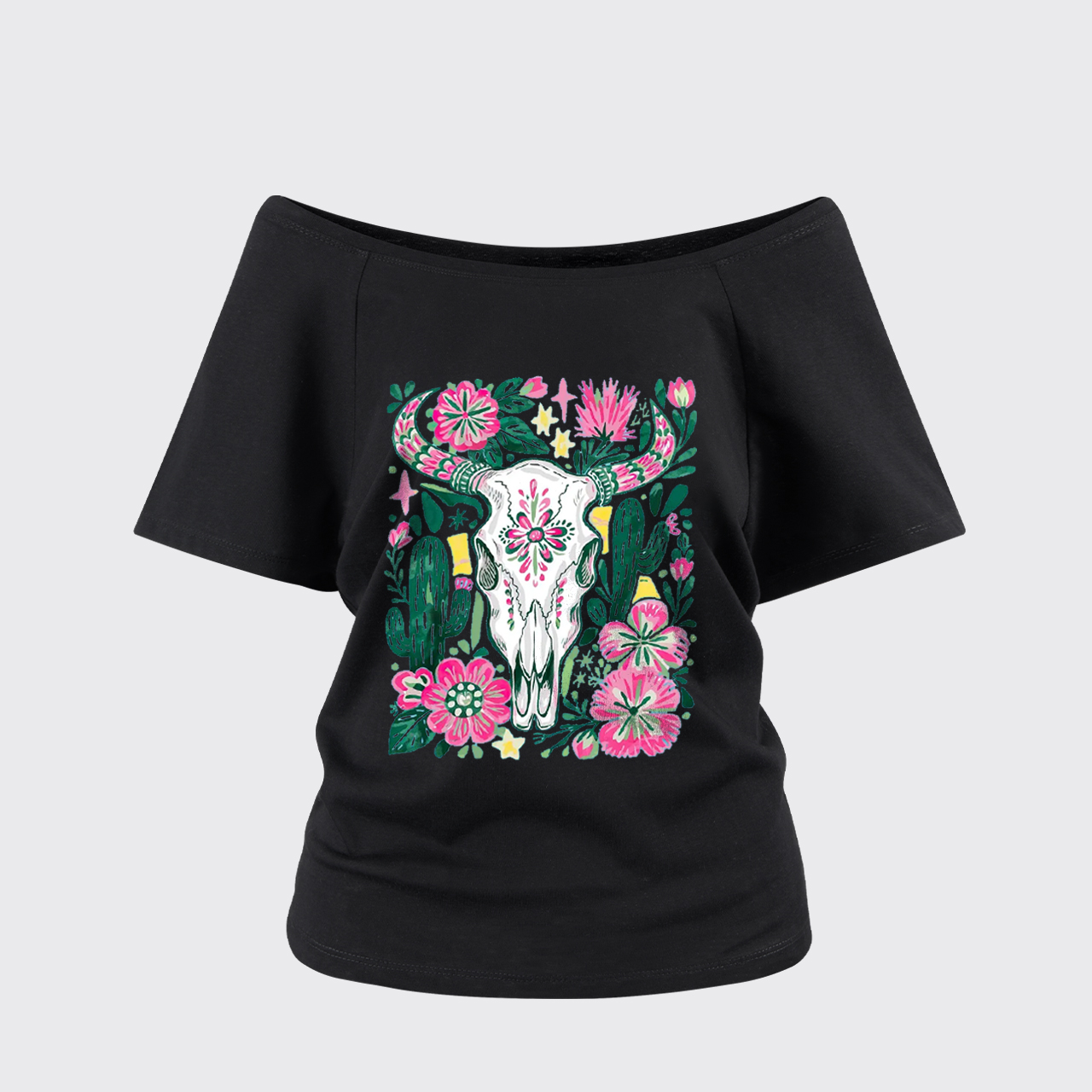 Western Floral Cow Skull Off Shoulder Top