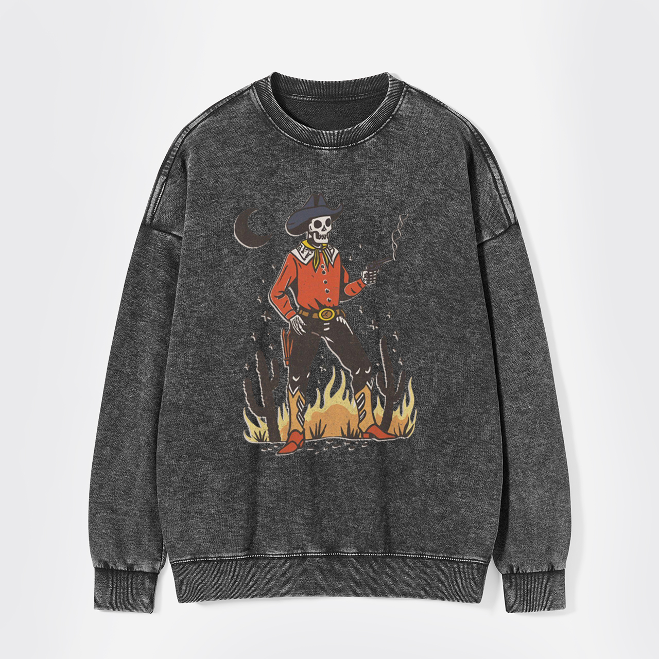 Skeleton Western Halloween Retro Desert Washed Sweatshirts