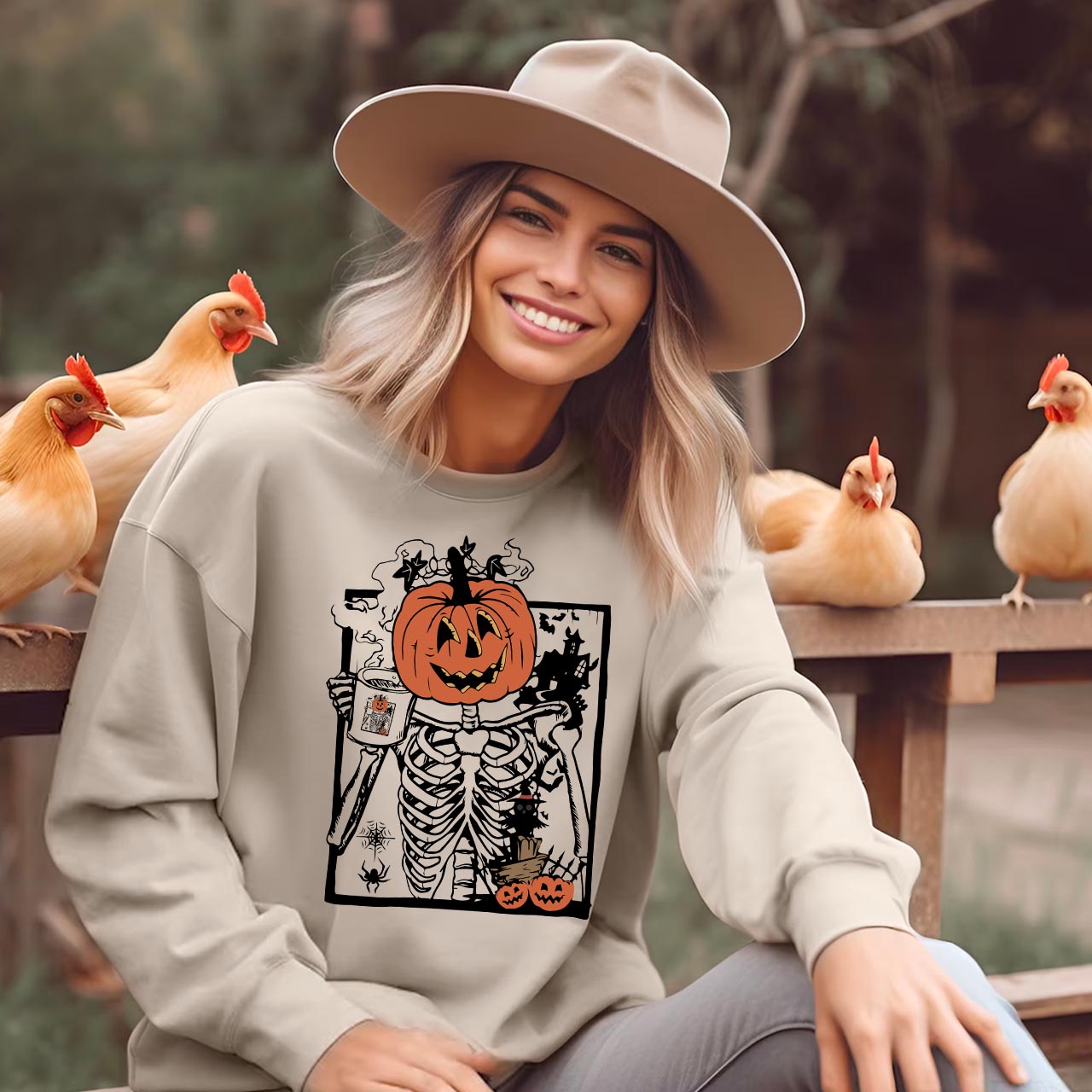 Skeleton Pumpkin Coffee Halloween Sweatshirt