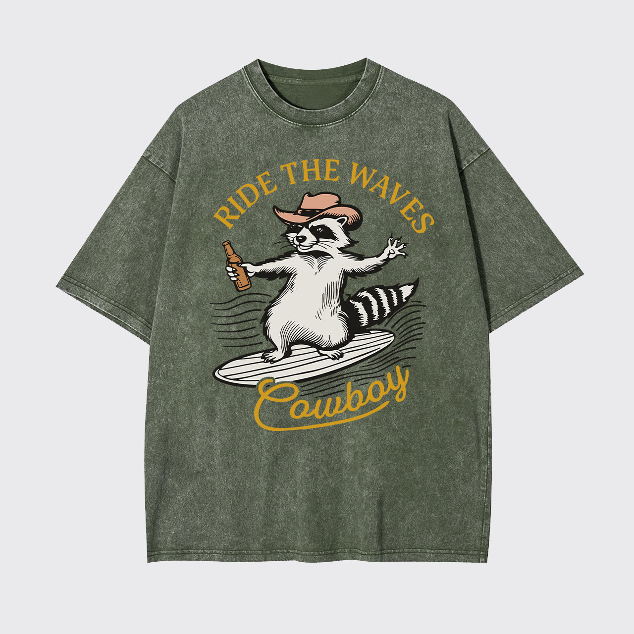 Surfing Cowboy Raccoon With Beer Garment-dye Tees