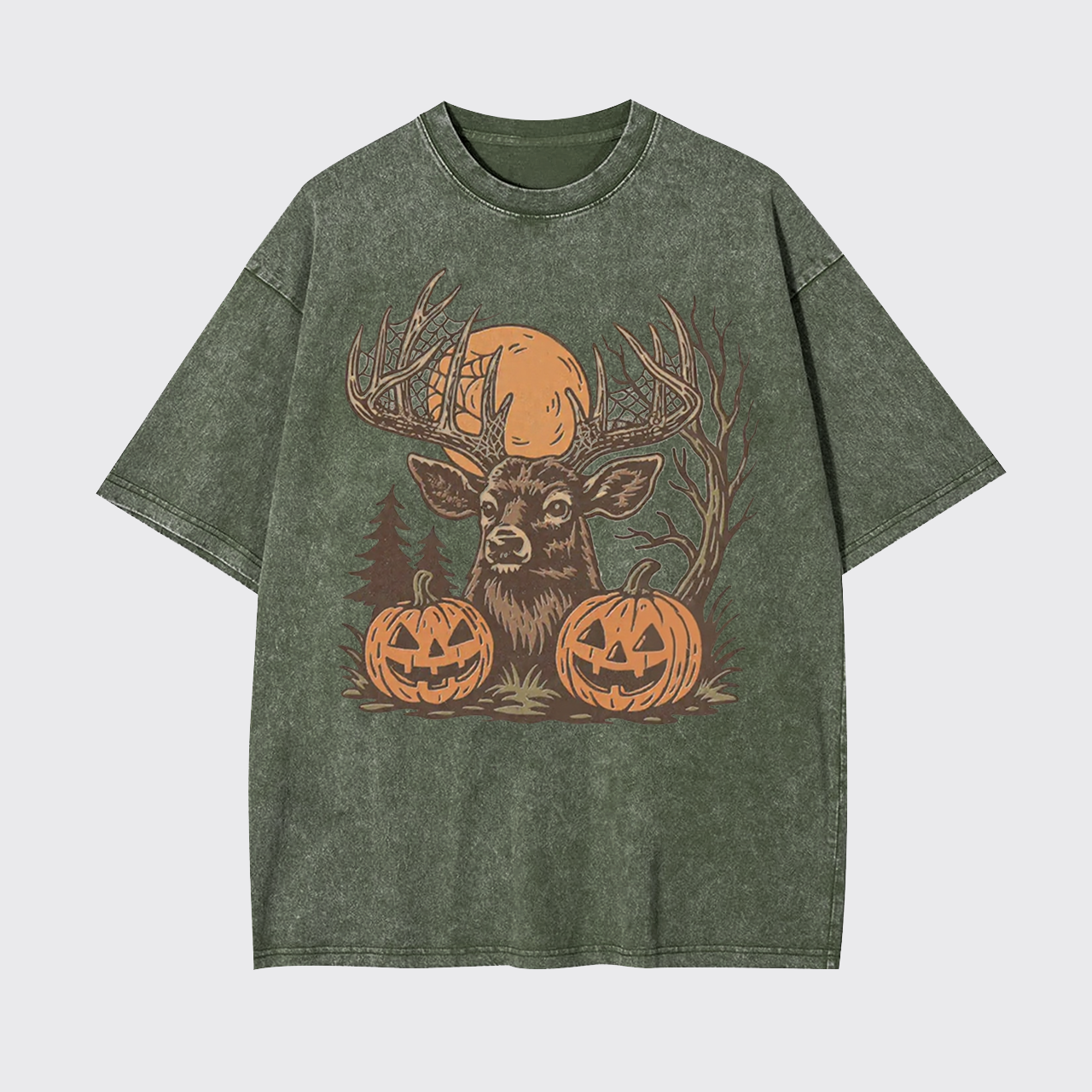 Spooky Forest Buck With Pumpkins Garment-dye Tees