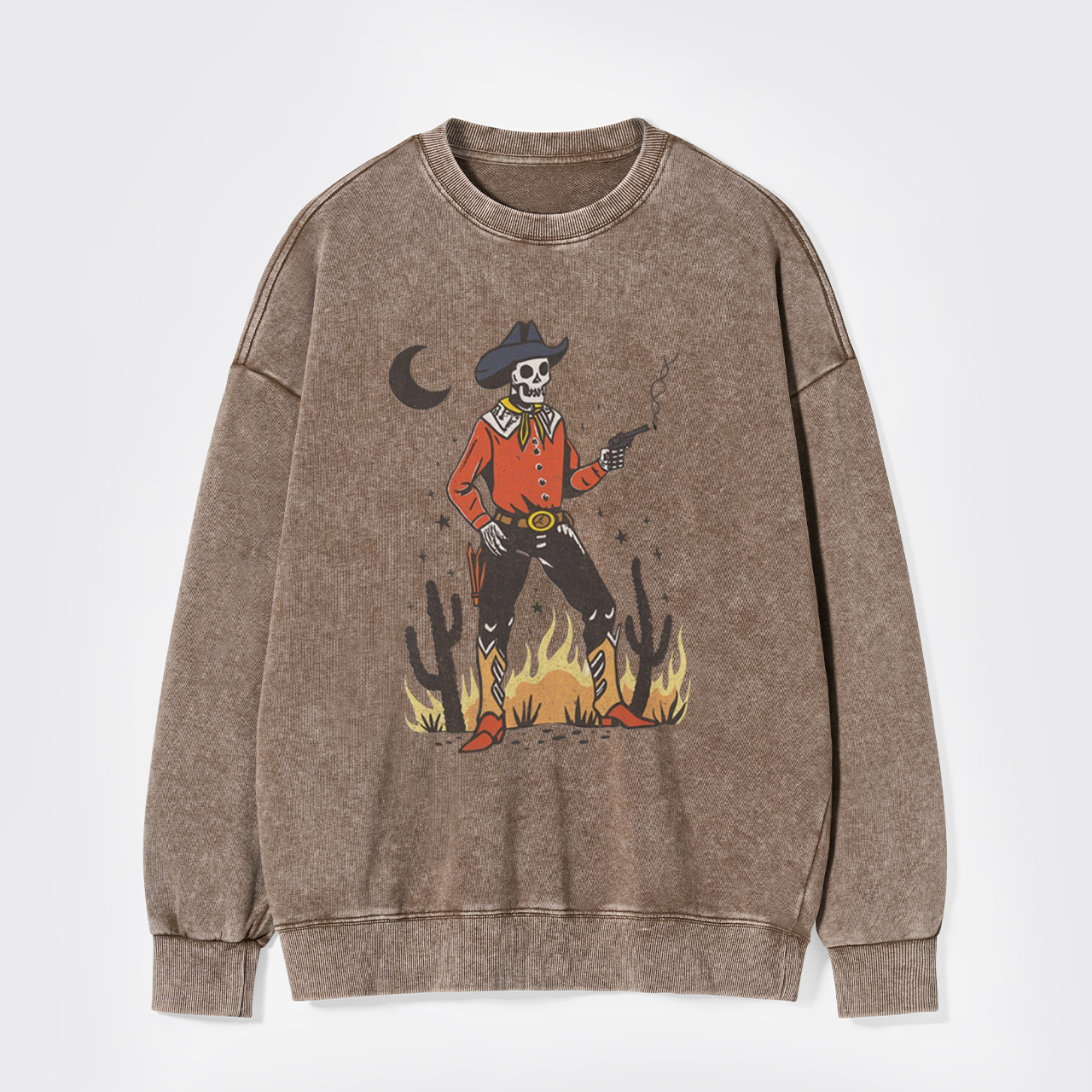 Skeleton Western Halloween Retro Desert Washed Sweatshirts