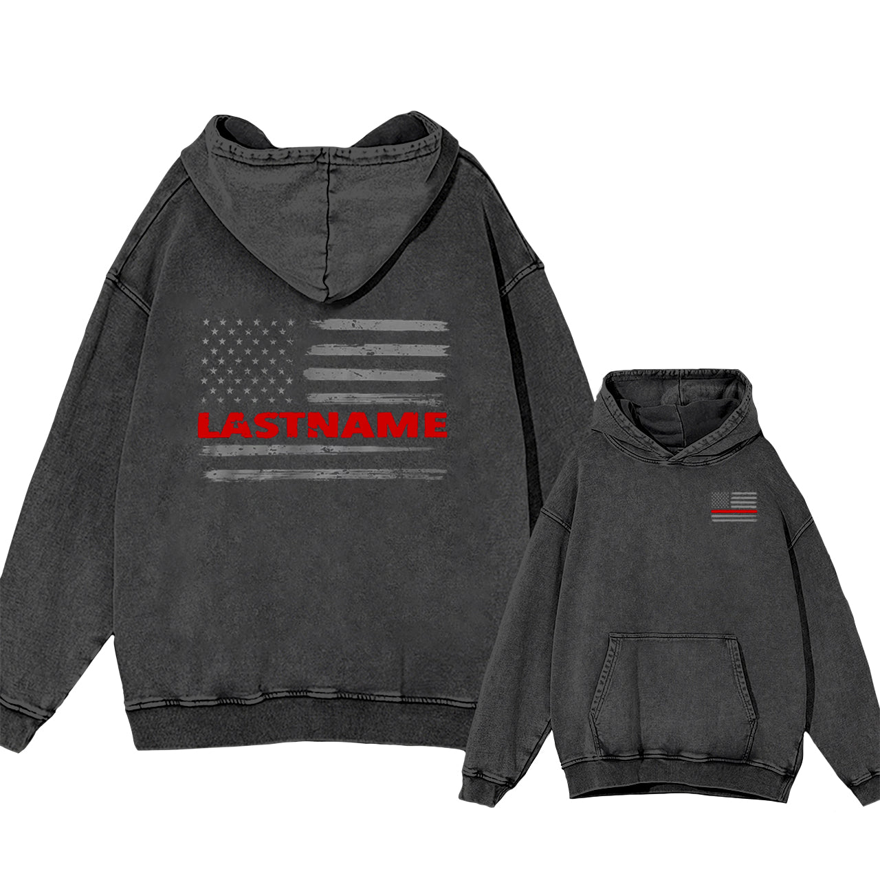 Custom Last Name Red Line Flag Garment-Dye Hoodies