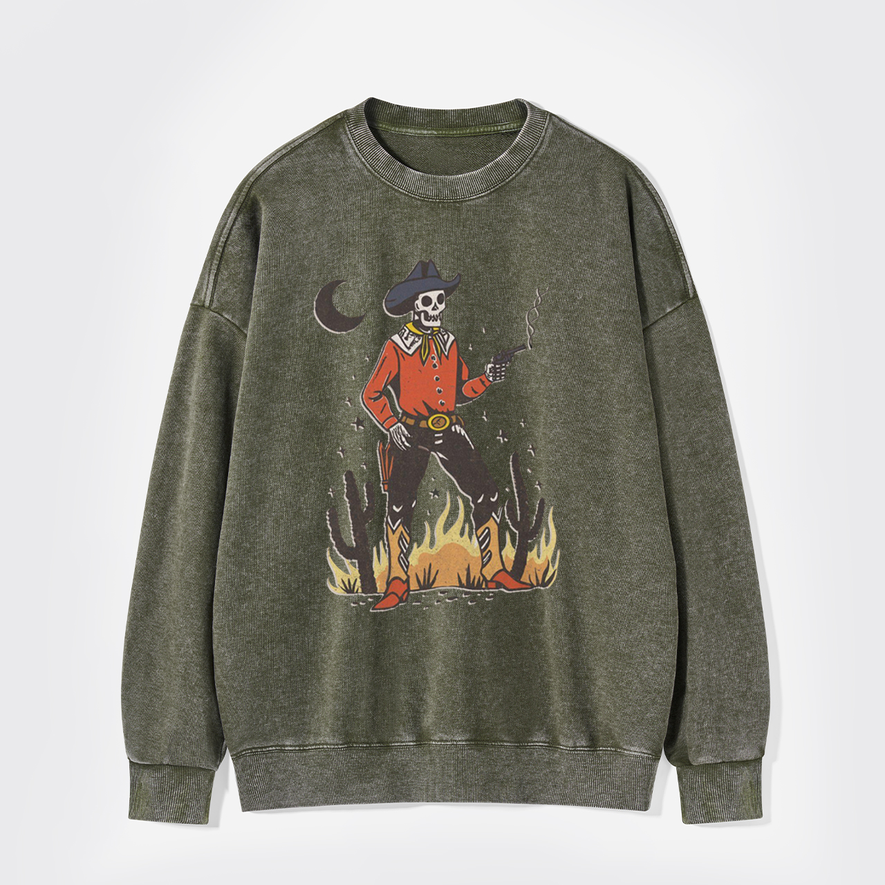 Skeleton Western Halloween Retro Desert Washed Sweatshirts