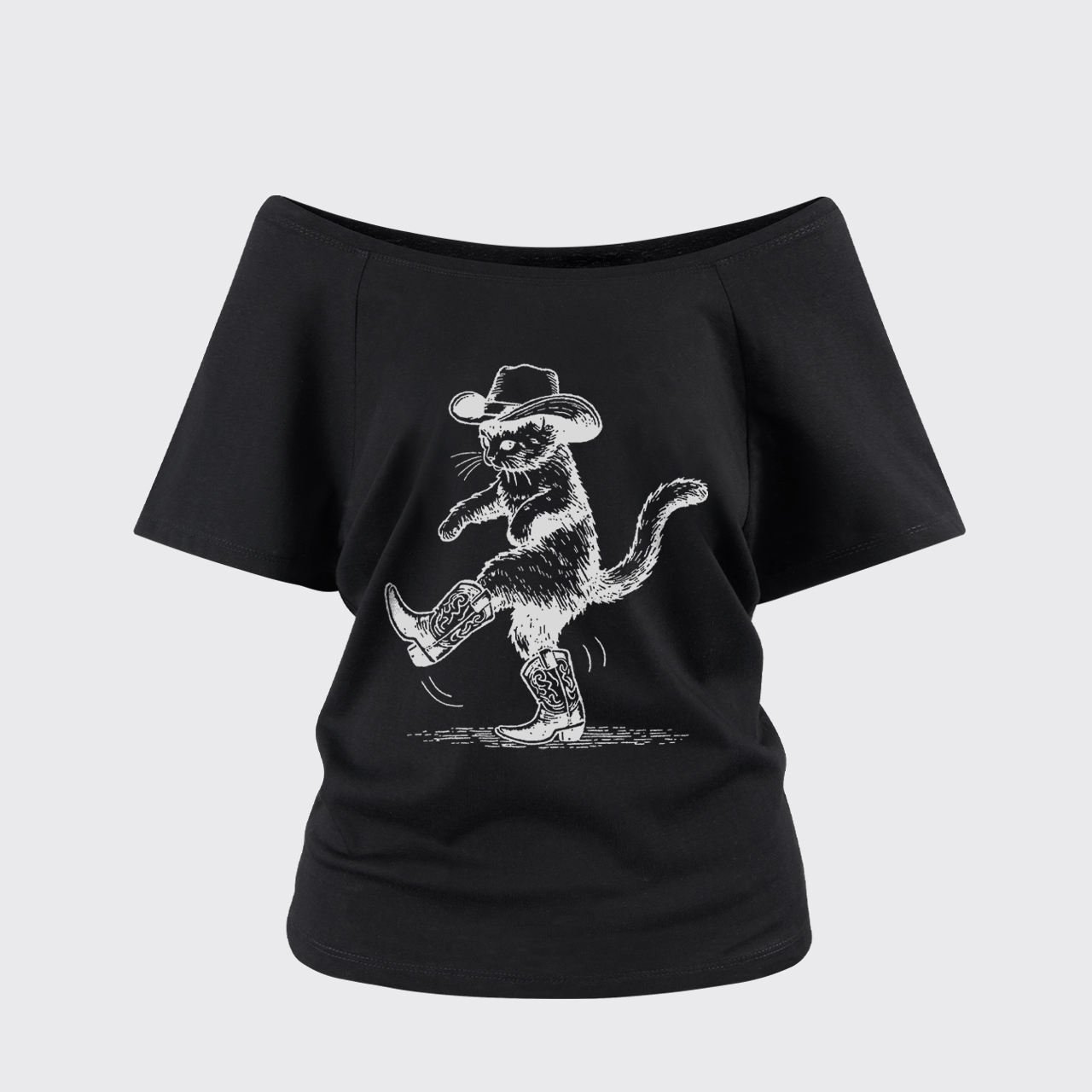 Cowboy Cat Looking For Fish Off Shoulder Top