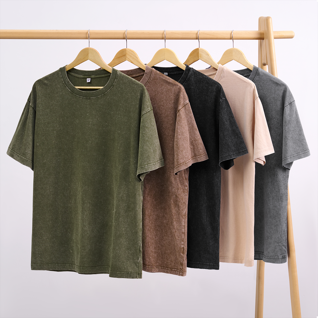 Washed Tees 5 Pack:Army Green,Brown,Black,Beige,Gray