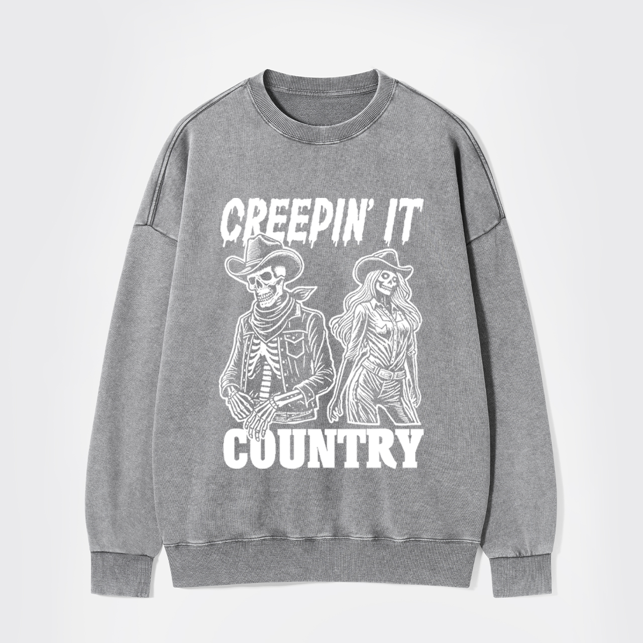 Creepin' It Cowboy Skeleton Cowgirl Ghost Washed Sweatshirts