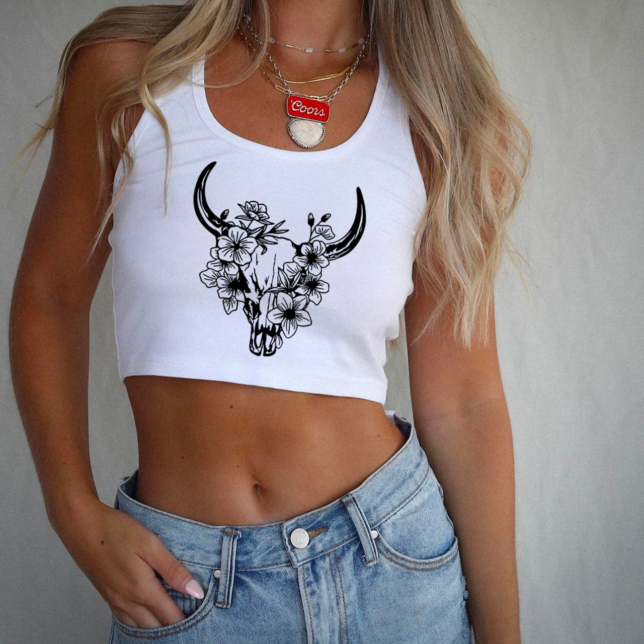 Floral Cow Skull Country Tank Top