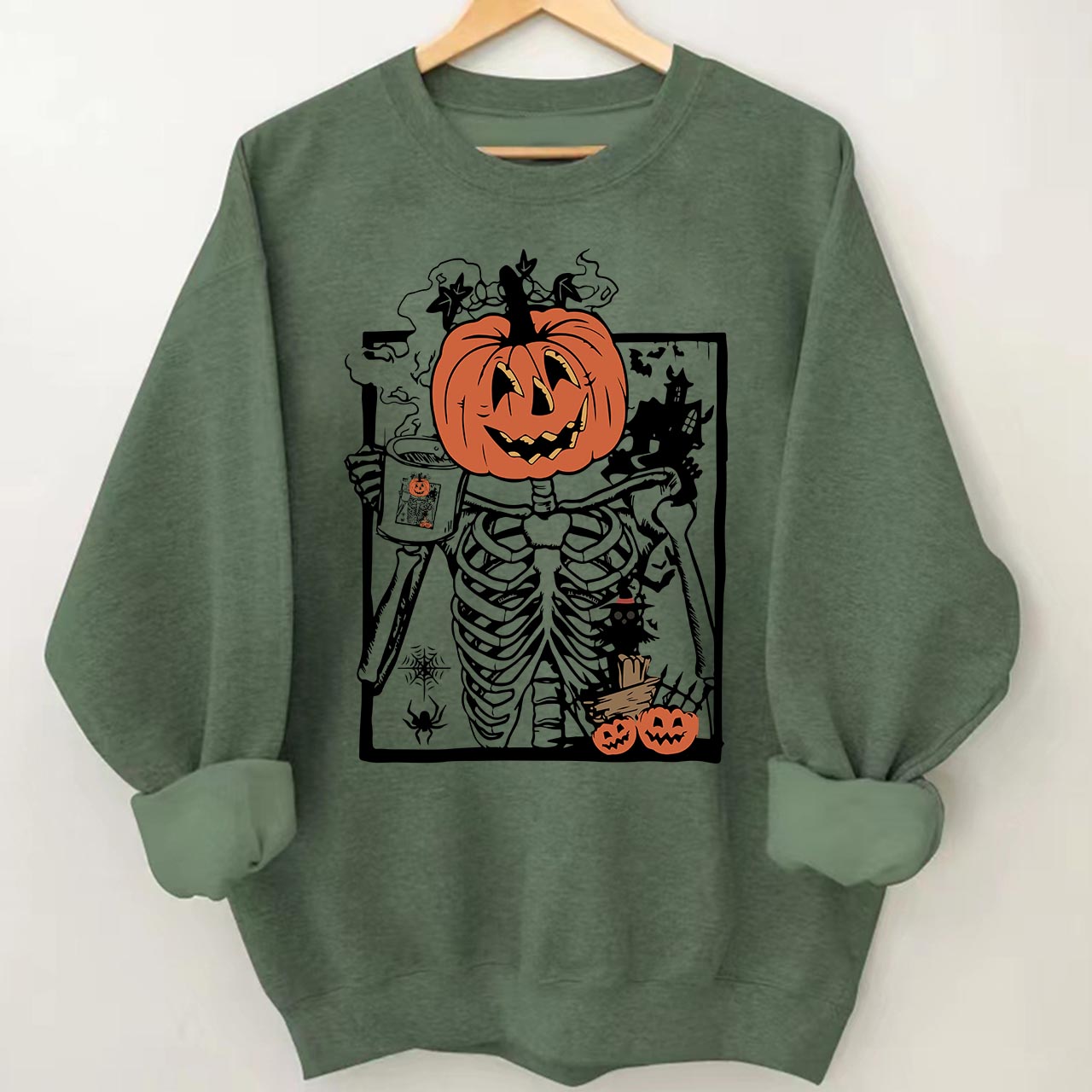 Skeleton Pumpkin Coffee Halloween Sweatshirt