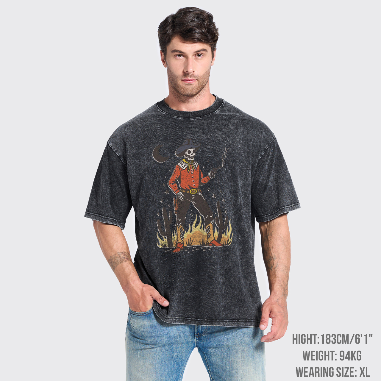 Skeleton Western Halloween Retro Desert Garment-dye Tees
