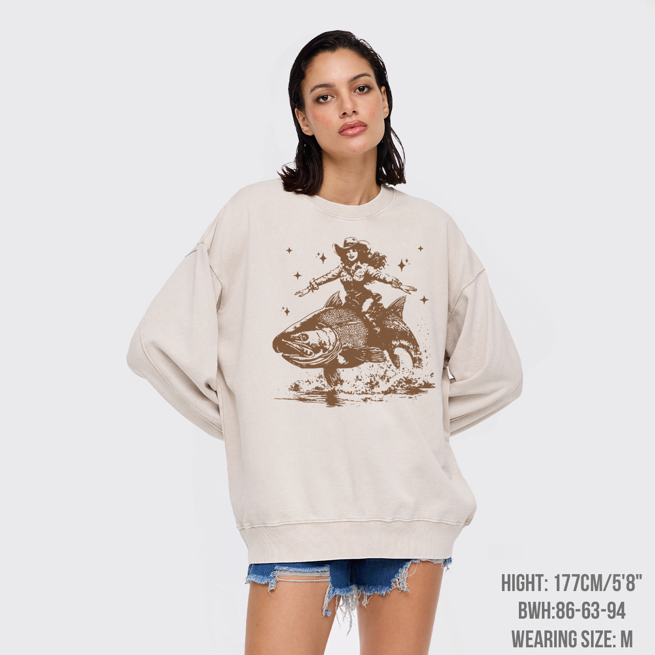 Cowgirl Riding A Fish Washed Sweatshirts