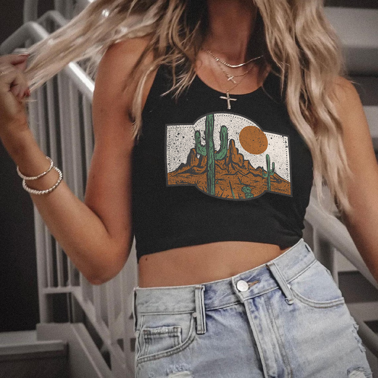 Western Desert Sunset Cactus Tank Top