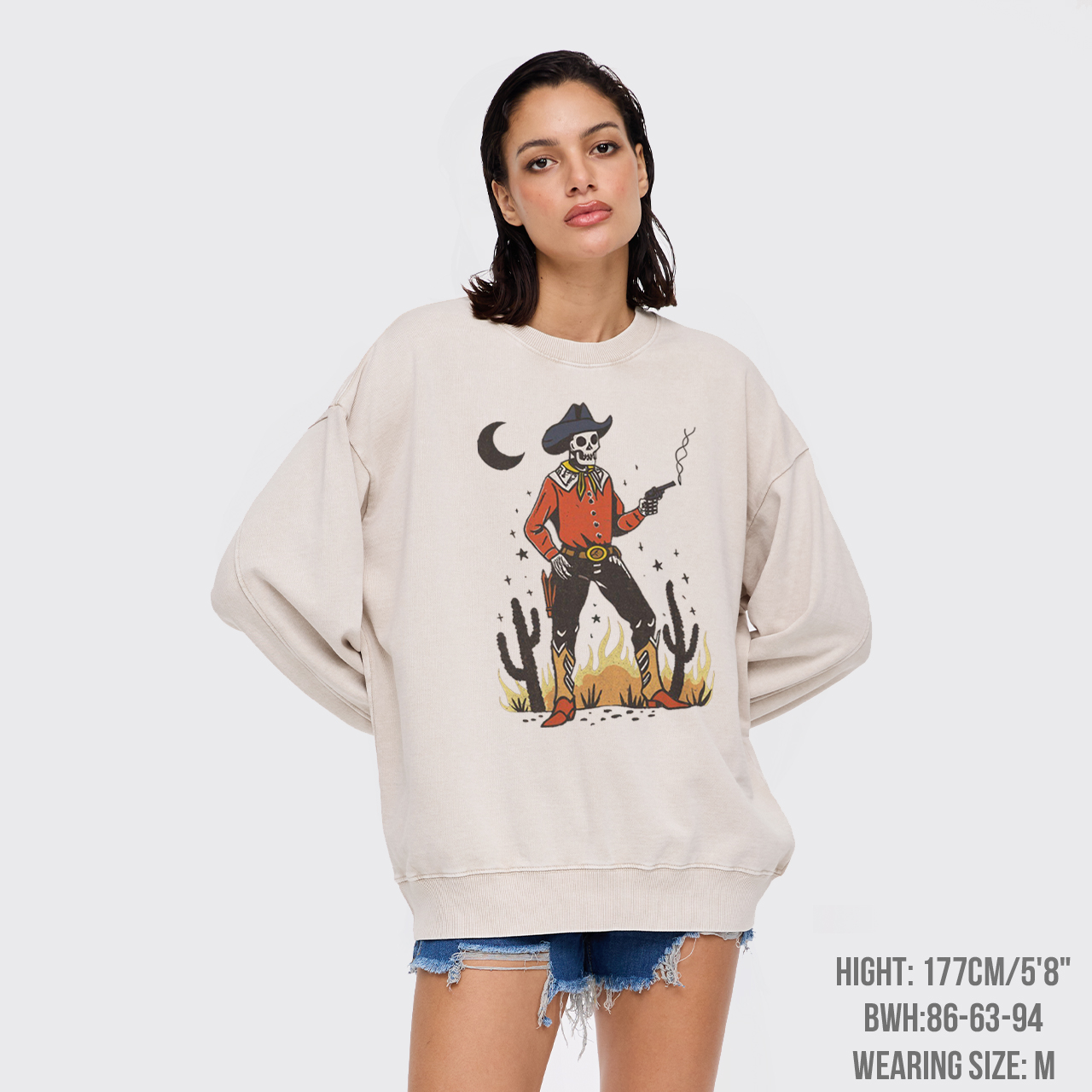 Skeleton Western Halloween Retro Desert Washed Sweatshirts