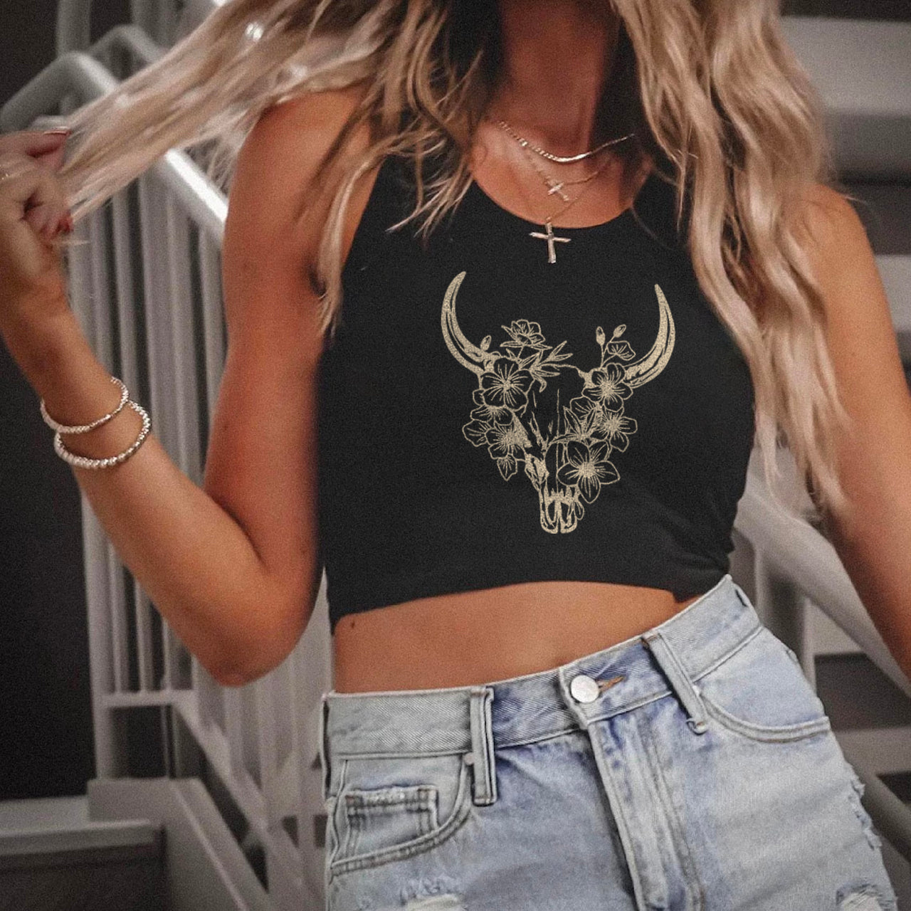 Floral Cow Skull Country Tank Top