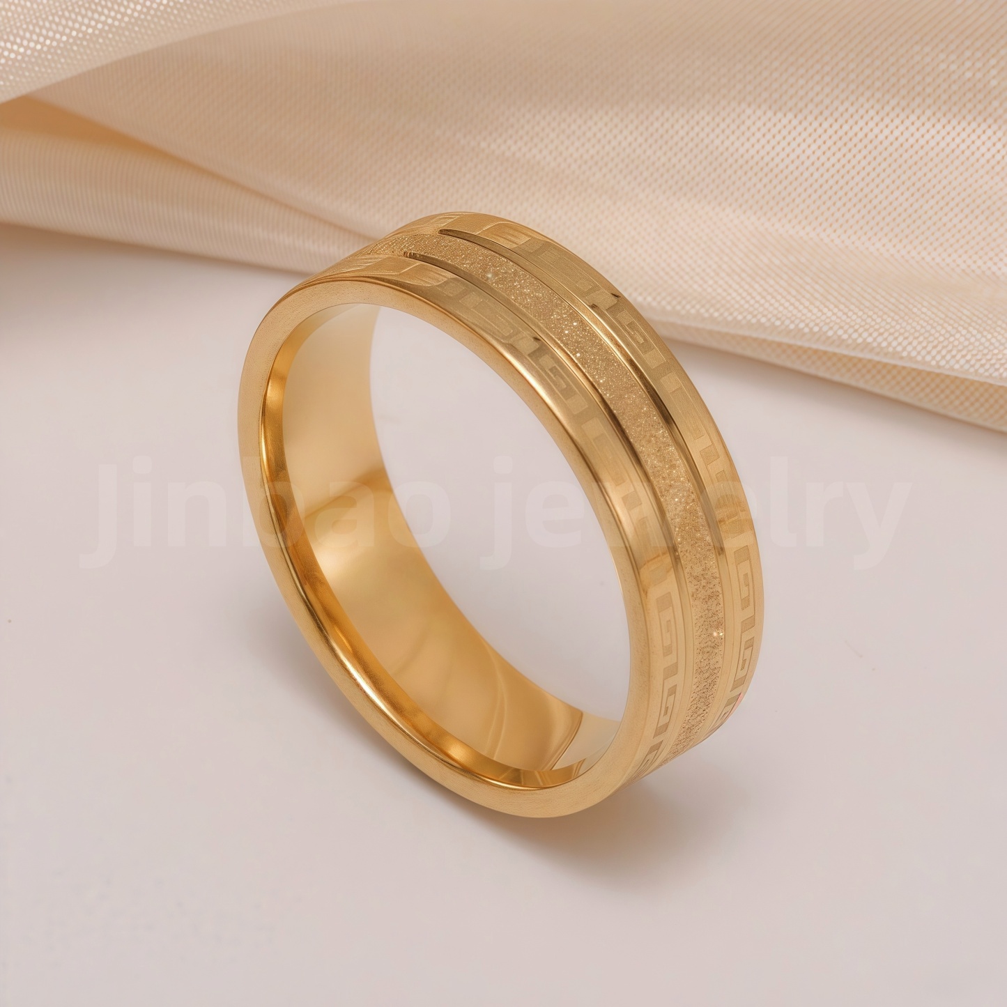 24K Gold-Plating Stainless Steel Minimalist Textured Trendy Men's Waterproof Ring  6MM-JinBaoJewerly