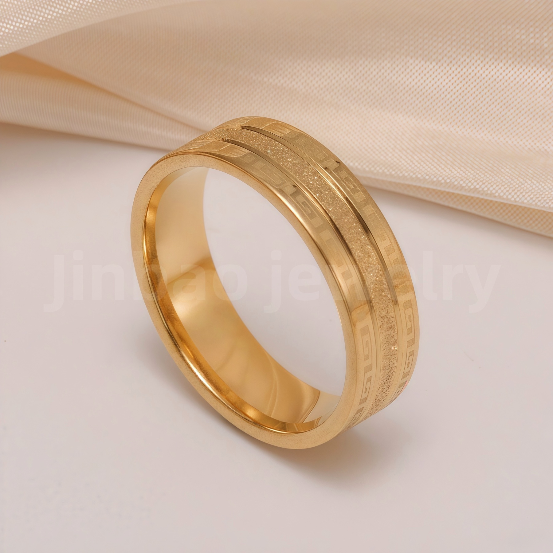 24K Gold-Plating Stainless Steel Minimalist Textured Trendy Men's Waterproof Ring  6MM-JinBaoJewerly