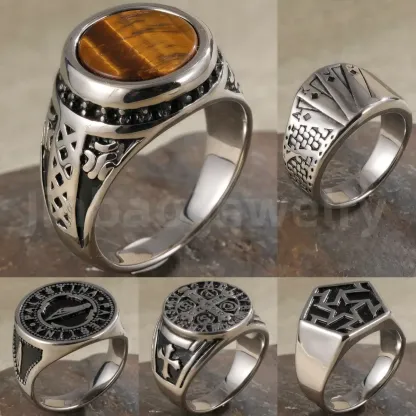High Quality Stainless Steel Titanium Retro Engraved Pattern Men's Ring-JinBaoJewerly