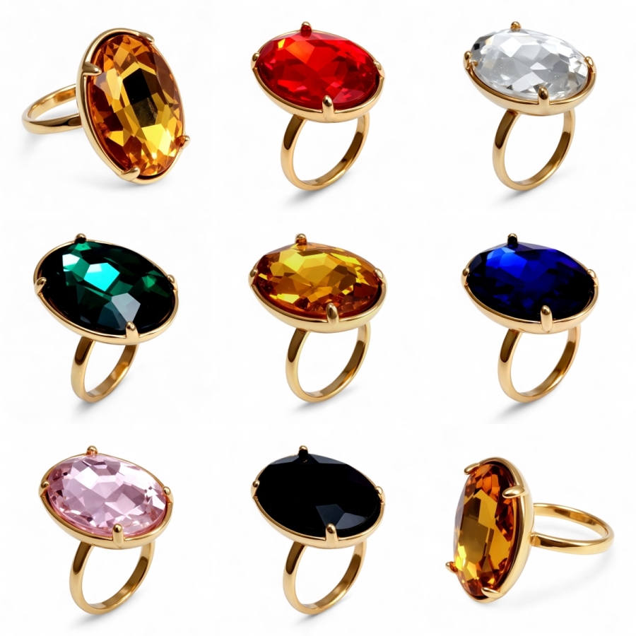 Gold - Inlaid Multicolored Oval Gemstone Women's Stainless Steel Ring | N001646JLV