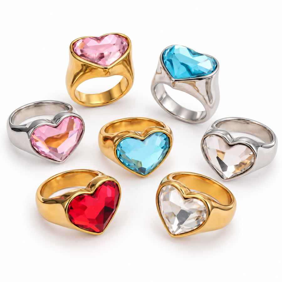 Heart-shaped statement Faceted gemstone signet Stainless Steel Multicolor Ring N00429-